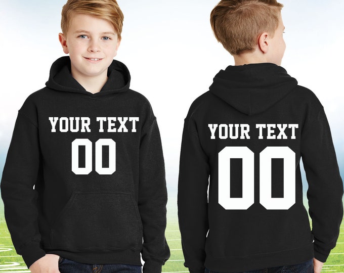 Personalized Youth Long Sleeve Hoodie Sweatshirt, Front Back Custom Name & Number Sport Style Hoodie For Youth, Multi-color Sweatshirt