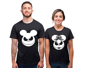 Halloween Adulto Unisex Pareja Camiseta JACK SALLY Cara Blanca Halloween Fiesta Divertido Pareja Camiseta a juego Camiseta