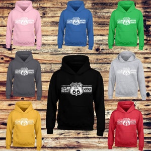 May include: A set of ten hooded sweatshirts in various colors, each featuring a graphic of a vintage Route 66 sign with the text "Get Your Kicks".