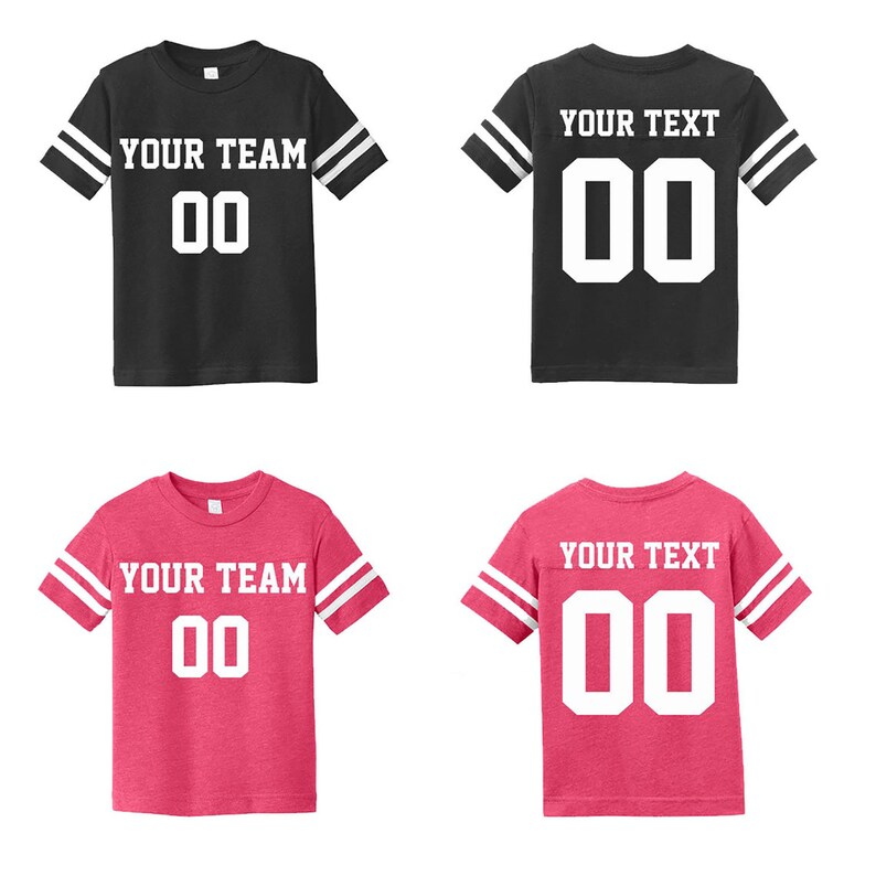 May include: Two pairs of black and pink youth football jerseys with white stripes on the sleeves. The jerseys have a white number "00" and the text "YOUR TEAM" or "YOUR TEXT" on the front.