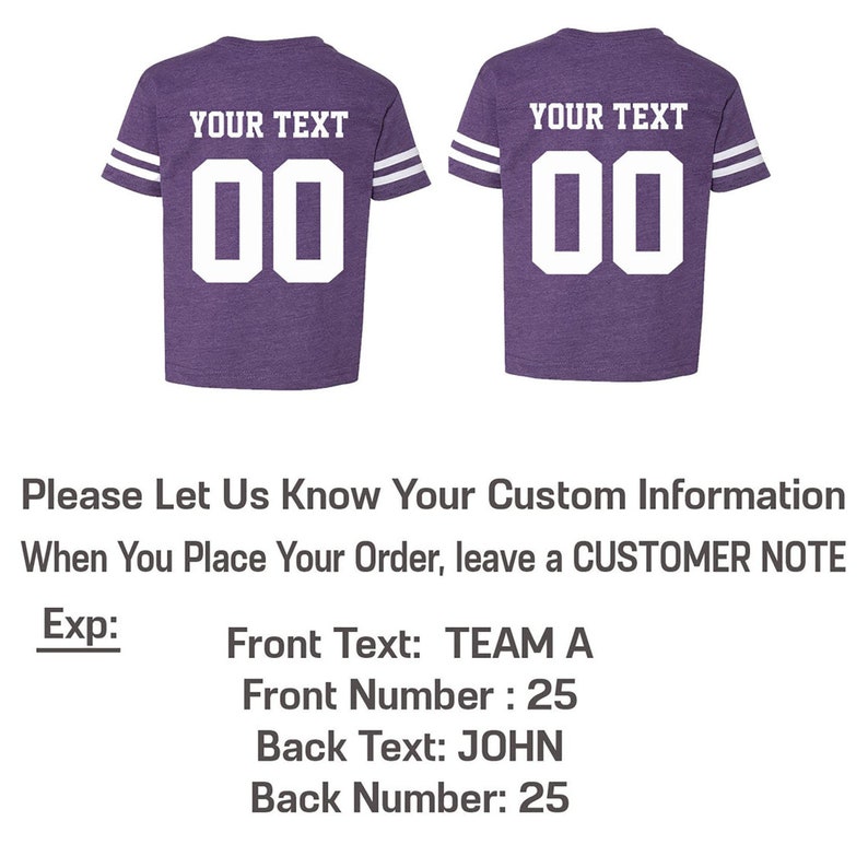 May include: Purple youth football jersey with white stripes on the sleeves and white numbers. The text "YOUR TEXT" is above the numbers on the back of the jersey. The front of the jersey has the same design.