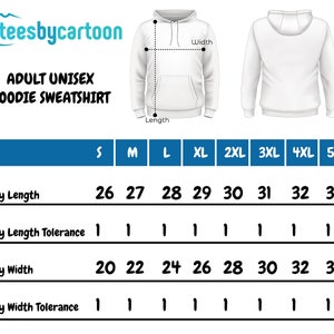 May include: Size chart for an adult unisex hoodie sweatshirt. The chart shows measurements in inches for body length and width for sizes S through 5XL.