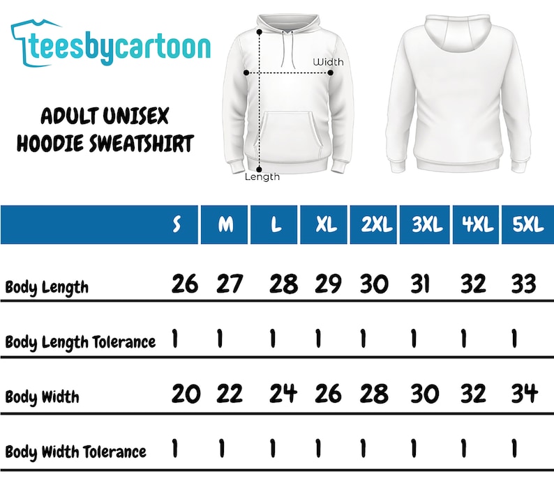 May include: Size chart for an adult unisex hoodie sweatshirt. The chart shows measurements in inches for body length and width for sizes S through 5XL.
