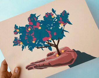 Tree print on Peach Murano paper A4