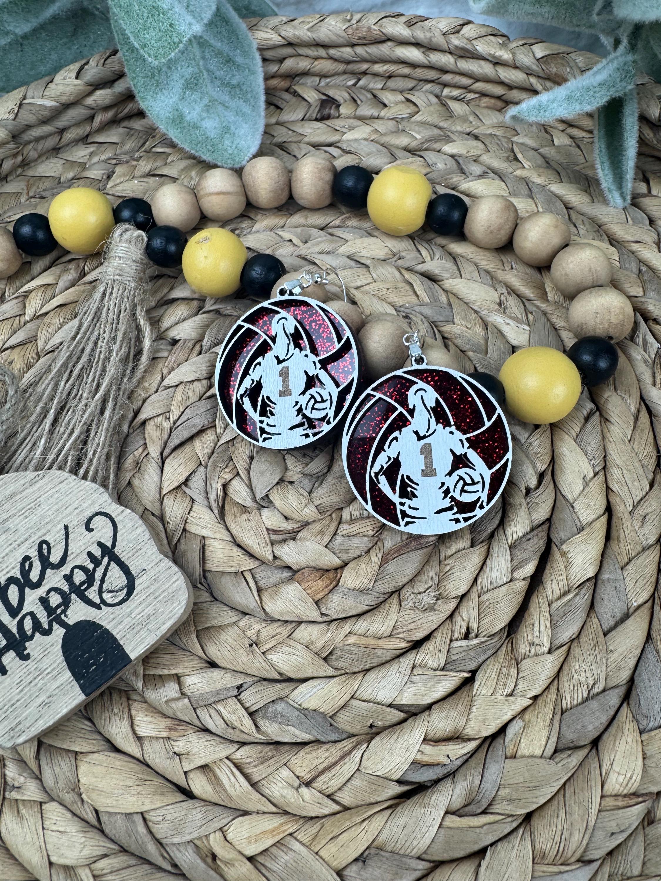 Custom Volleyball Earrings with Player Number & Glitter Background – Personalized Sports Jewelry Gift
