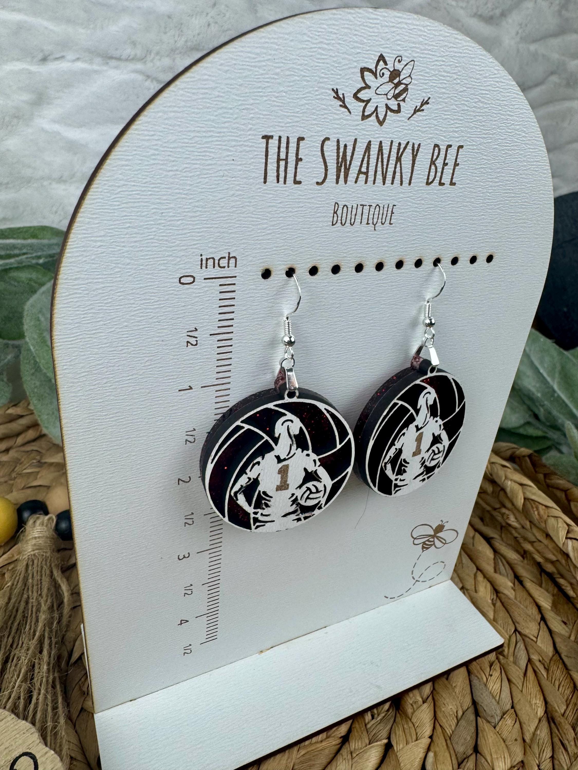 Custom Volleyball Earrings with Player Number & Glitter Background – Personalized Sports Jewelry Gift