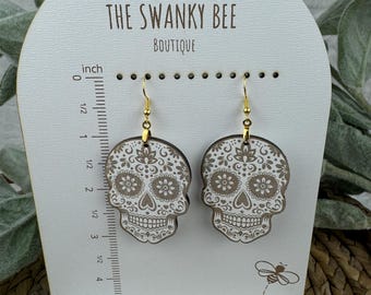 Wood Sugar Skull Dangle Earrings, Day of the Dead, Halloween