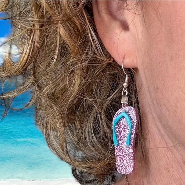 Glitter Flip Flop Earrings - Fun Beach Jewelry - Sparkly Summer Accessories - Handmade Beachwear - Cute Vacation Earrings