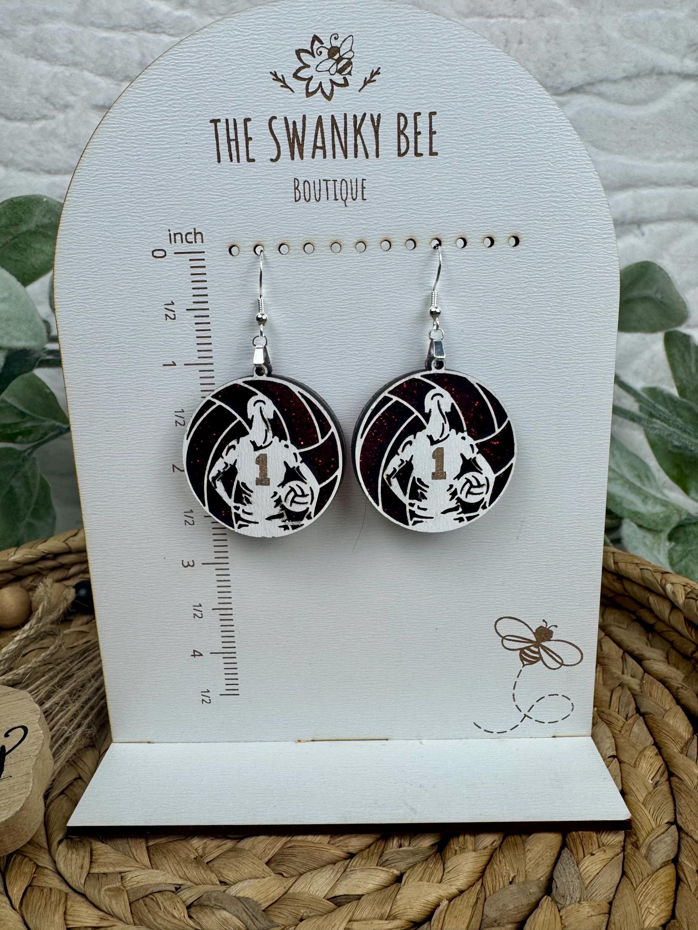 Custom Volleyball Earrings with Player Number & Glitter Background – Personalized Sports Jewelry Gift