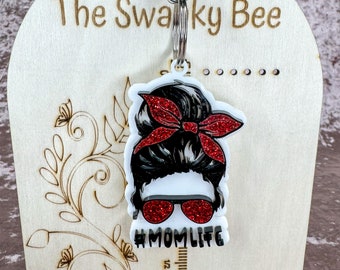 Mom Life Keychain: Red Glitter Motherhood Key Ring