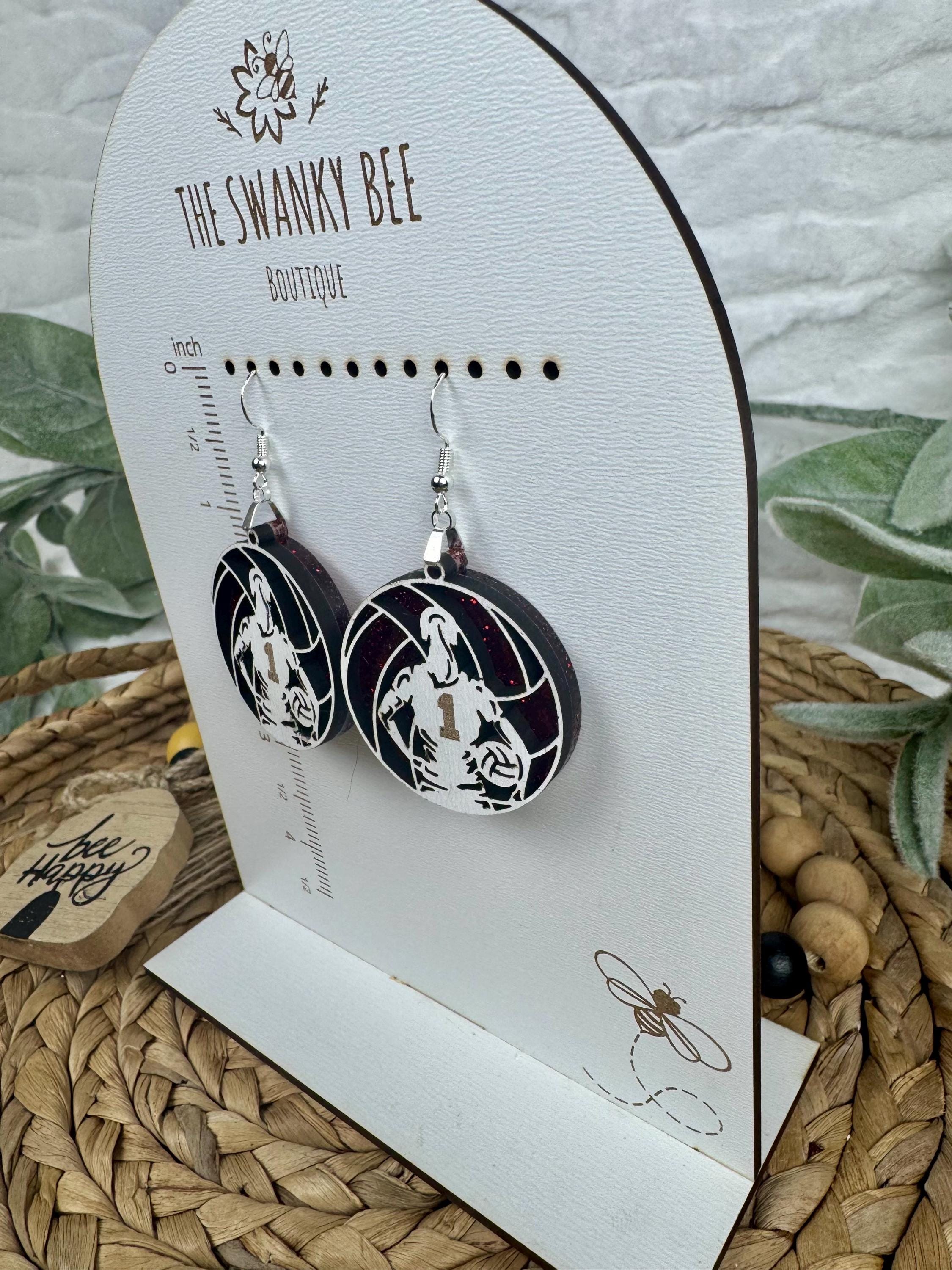 Custom Volleyball Earrings with Player Number & Glitter Background – Personalized Sports Jewelry Gift