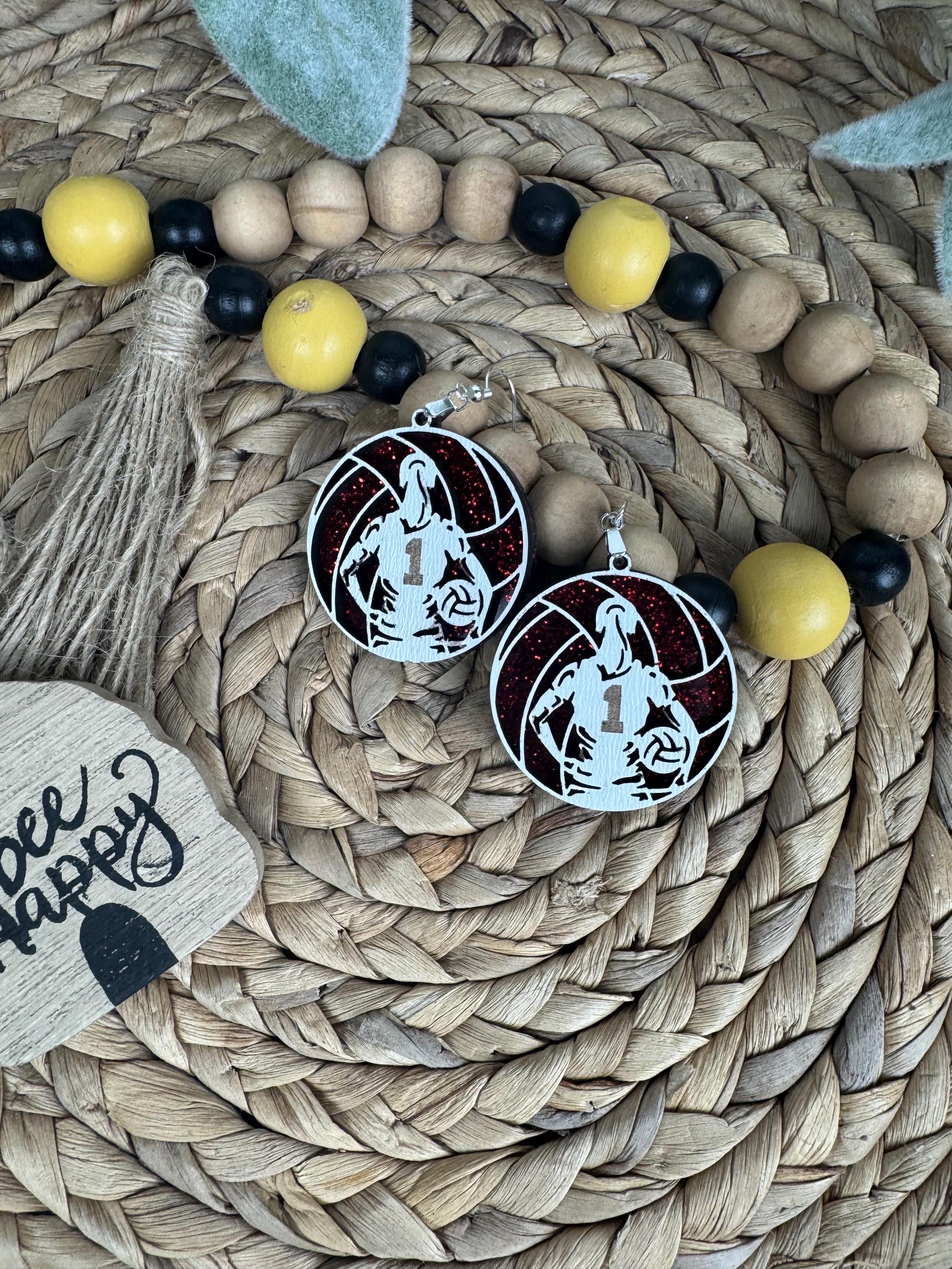 Custom Volleyball Earrings with Player Number & Glitter Background – Personalized Sports Jewelry Gift