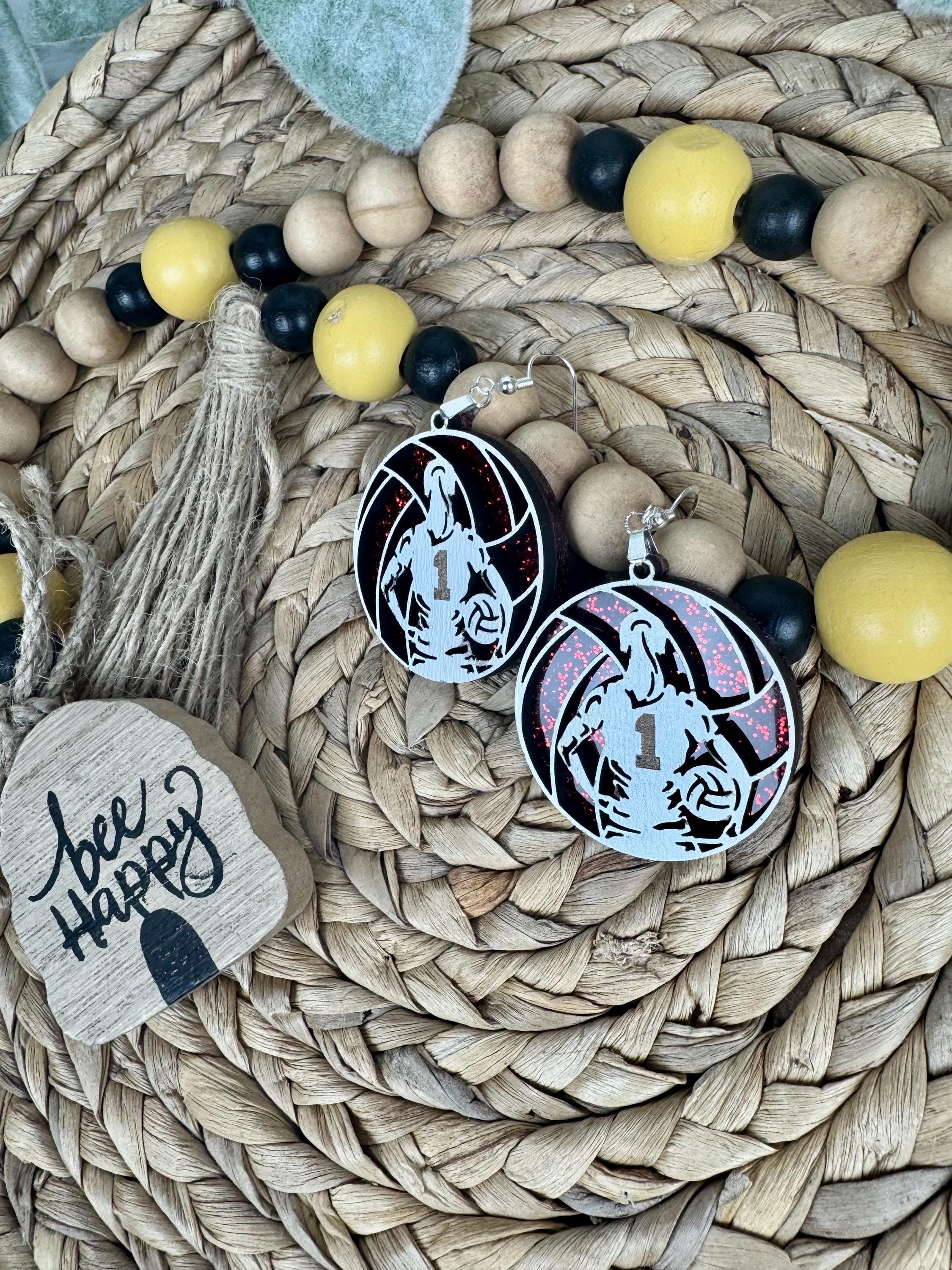 Custom Volleyball Earrings with Player Number & Glitter Background – Personalized Sports Jewelry Gift
