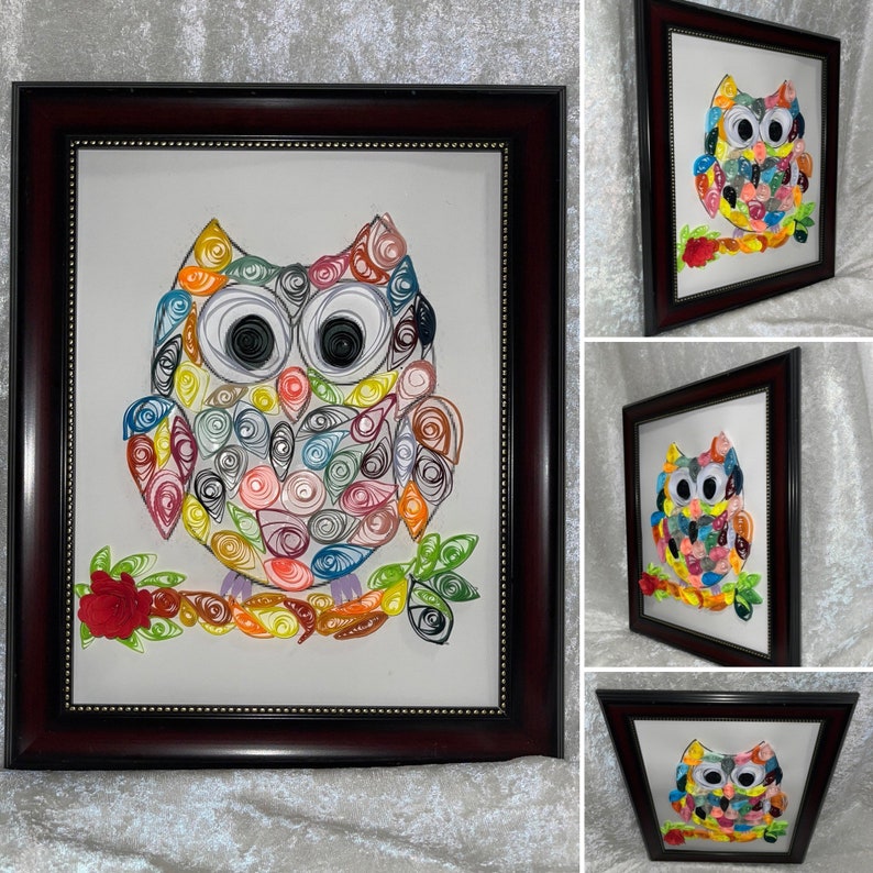 Handcrafted Quilled Paper Art Rainbow Owl Wall Paper Art Framed image 3