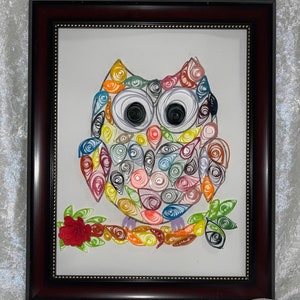 Handcrafted Quilled Paper Art Rainbow Owl Wall Paper Art Framed image 1