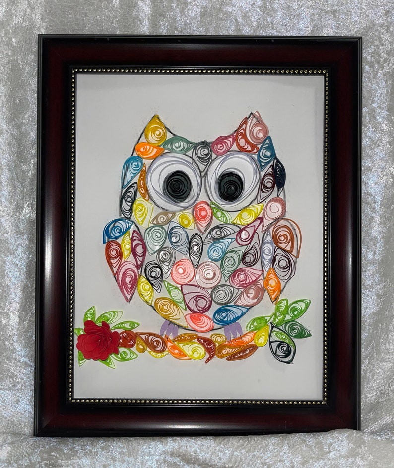 Handcrafted Quilled Paper Art Rainbow Owl Wall Paper Art Framed image 1