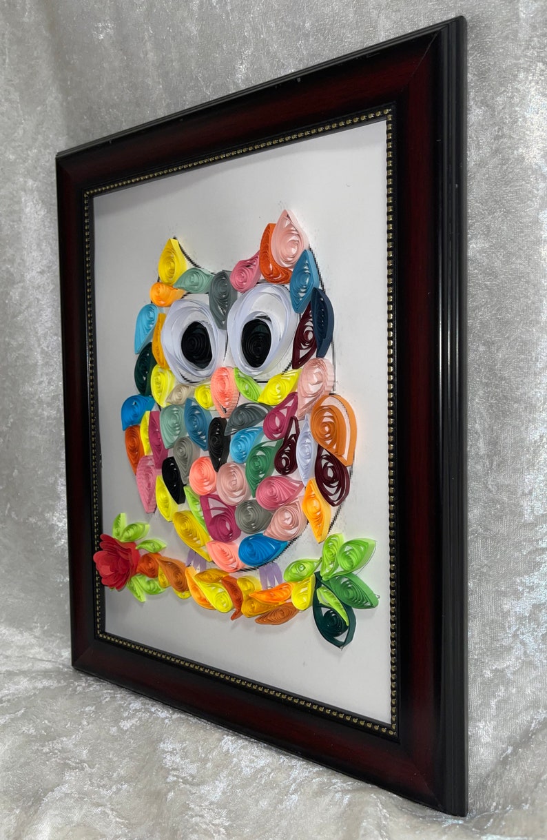 Handcrafted Quilled Paper Art Rainbow Owl Wall Paper Art Framed image 6
