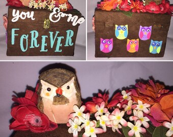 Handcraft Beautifully Decorated Wooden Jewelry Medium Size Box with Owls, Flowers and "You & Me Forever"