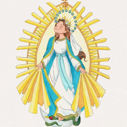 Immaculate Conception, Happy Saint, Blessed Mother, Catholic Art and Gift Print, 8x10, 5x7,  Saint Drawings, Joyful Religious Artwork