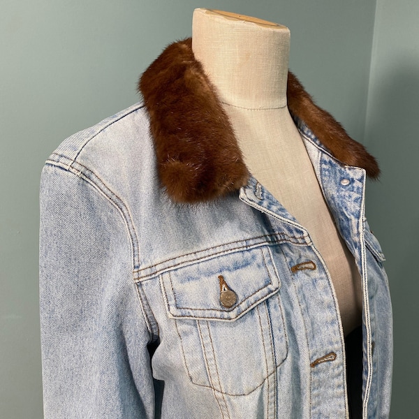 Vintage Denim Jacket, Mink Collar, Vintage Fur, Denim Jacket, Vintage Clothing
