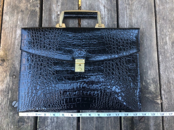 Vintage Purse, Patent Leather Embossed, Black and… - image 2