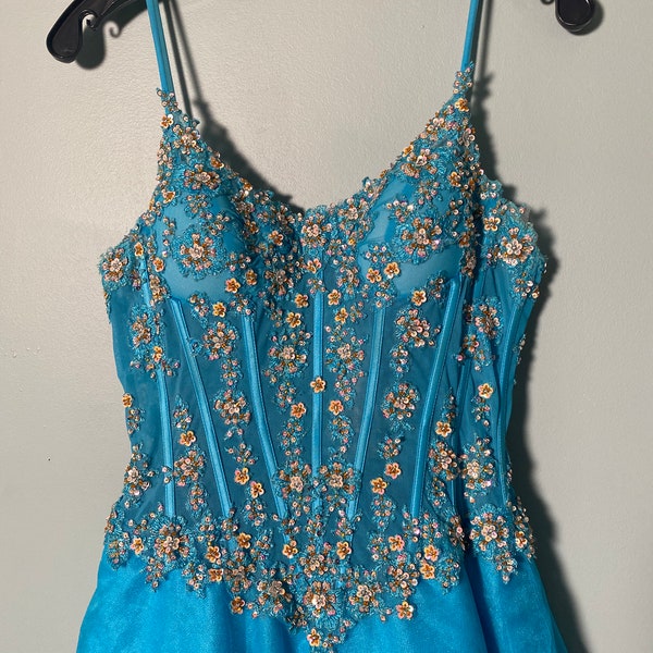 Vintage Gown, Vintage Dress, Ballgown, Prom, Blue Dress, Sheer Corset, Sequins, Floral, Tiffany Designs