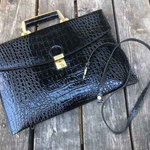 Vintage Purse, Patent Leather Embossed, Black and Gold