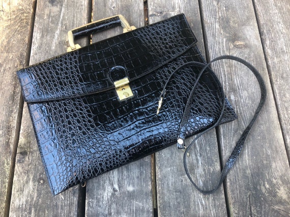 Vintage Purse, Patent Leather Embossed, Black and… - image 1