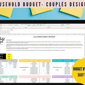 Op de afbeelding: Een computerscherm waarop een spreadsheet wordt weergegeven met de titel "2022 Jones Familie Budget". De spreadsheet is een huishoudbudgetsjabloon voor stellen, met categorieën voor inkomsten, uitgaven en besparingen. De tekst "Budget per betaaldatum Eenvoudig te gebruiken!" is zichtbaar in de rechterbenedenhoek van het scherm.