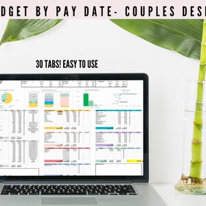 Op de afbeelding: Een laptopcomputer die een spreadsheet toont met de titel "Budget" en de tekst "30 TABS! EASY TO USE". De spreadsheet is kleurrijk en bevat grafieken en diagrammen. De laptop staat op een wit bureau met een groene plant en een zwarte draadmand.