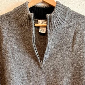 LL BEAN 100% Wool Shetland Sweater Mens L Gray 1/4 Zip Pullover Elbow Patches
