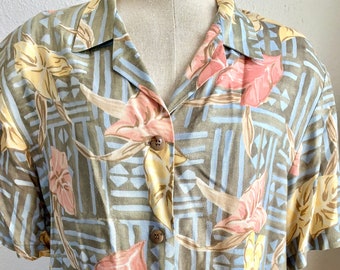80's VinTaGe Floral Tropical Geometric Hawaiian Monstera  Leaf Camp SHIRT button up Wmns M U.S.A