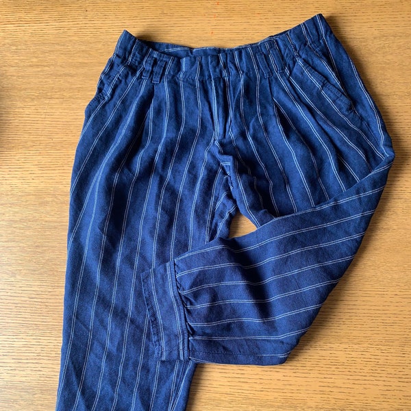 Banana Republic Women’s Cropped Pants Pleated Striped Linen SZ. 2 blue white casual boho resort