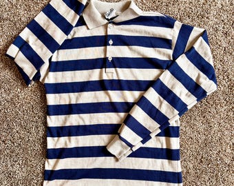 Polo de punto a rayas VTG CAMPUS para rugby, talla S, LSlv, color beige y azul, ¡hecho en EE. UU.!