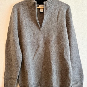 LL Bean 100% Wool Shetland Sweater Mens Large Gray 1/4 Zip Pullover Elbow Patch