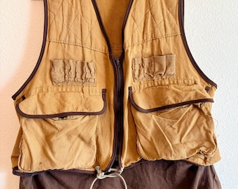 Vtg Worn 1970s Hunting Vest Game Pocket zip XL Duck Canvas Shooting Distressed