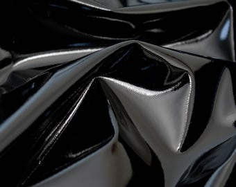 Tejido de PVC negro - Tejido elástico de spandex brillante - Recubierto de PU - Elástico unidireccional - Ancho 145 cm
