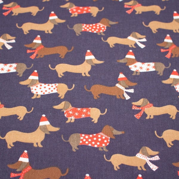 Navy Christmas dog fabric -Dachshunds in Xmas jumpers - festive printed polycotton - sold per metre