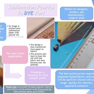 May include: A pink and blue graphic with the text "the fabric centre" and "Sublimation Fabrics To DYE For!"  The graphic explains the sublimation printing process for fabrics.  It includes images of a printer, fabric, and a heat press.  The text also mentions that the fabrics are perfect for designers, printers, and manufacturers.