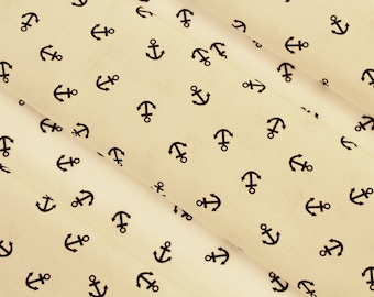 White Polycotton Fabric with Navy Blue Anchor Nautical Print (Per Metre)
