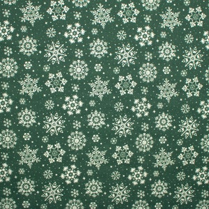 Christmas Fabric - Snowflakes Festive Xmas  - Green - per metre - Printed Polycotton Fabric