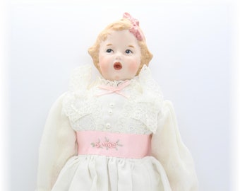 Vintage Pretty White & Pink Embroidered Ribbon Dressed Porcelain Doll With Soft Body From Germany