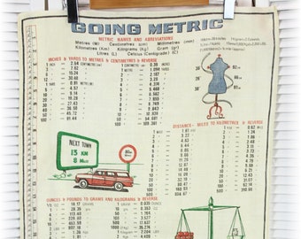 Vintage Retro Going Metric Conversion Tables & Groovy Images Pure Linen Tea Towel Collectible