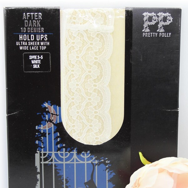 Vintage Retro Pretty Polly 10 Denier After Dark Wide Lace Top Stockings White Silk Size 3-5 (foot) Unopened