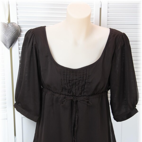 Womens Chocolate Brown Chiffon Empire Line Blouse With Pintucks Size 10