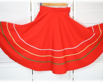 Girls Rockabilly 60's Diner Full Red Circle Skirt With Rick Rack Trims Dance Costume Size 6