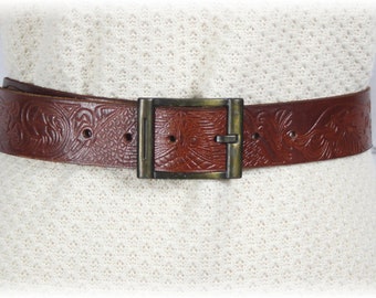 Vintage Embossed Brown Leather Brass Buckle Belt