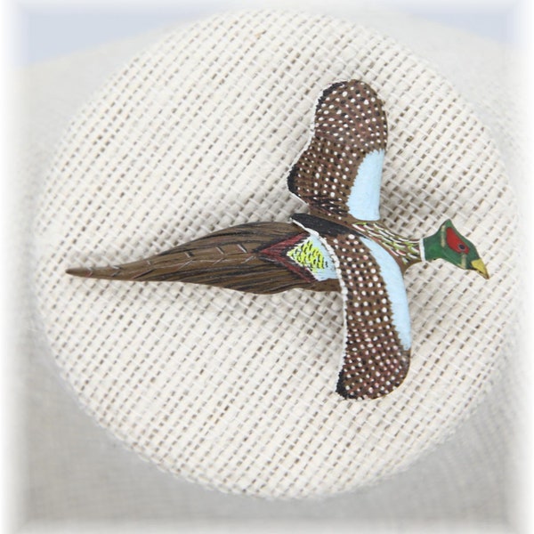 Vintage Handpainted Wild Pheasant Bird Wooden Signed Brooch Pin Collectible Jewellery