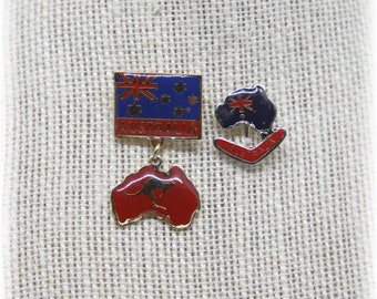 Vintage Australian Flag, Map, Kangaroo & Boomerang Iconic Souvenir Pins Set of Two