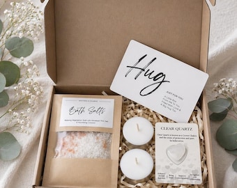 Set de regalo "Abrazo en una caja", sales de baño, velas, cuarzo transparente, tarjeta personalizada.